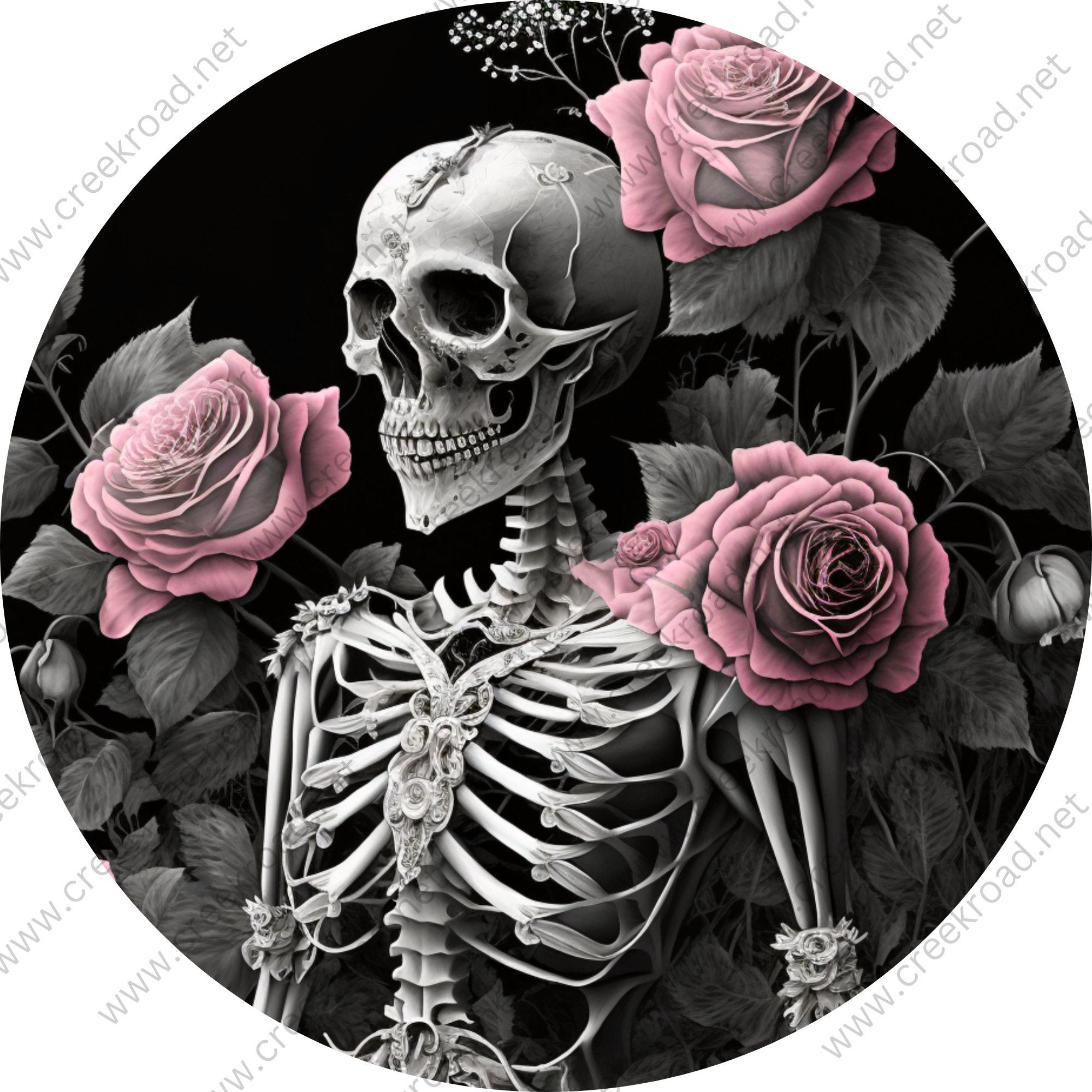 Human Skeleton With Ornate Breast Bone With Pink Roses Wreath Sign