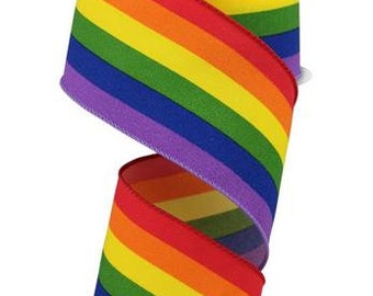 2.5" X 10Yd Wired Ribbon-Horizontal Rainbow On Royal Ribbon-RGE14543A-Rd/Orng/Ylw/Grn/Blue/Prpl-Wreaths-Crafts