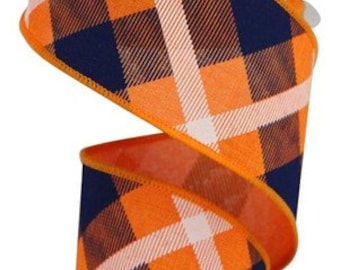 2.5&quot; X 10Yd Wired Ribbon-Orange Navy Blue White Printed Plaid On Royal -RG01683CF-Wreaths-Crafts-Decor-Everyday