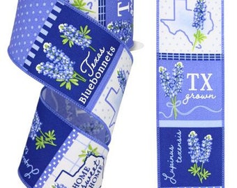 2.5" X 10Yd Wired Ribbon-Bluebonnets On Diagonal Ribbon-RGE1768NL-Blue/Green/White-Wreaths-Crafts