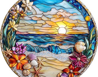 Jeweled Coastal Beach Scene Florals and Beach Sublimated Wreath Sign-See description for Sign details