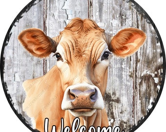 Welcome Brown Jersey Cow Wreath Sign-Round-Farm-Western-Sublimation-Attachment-Decor