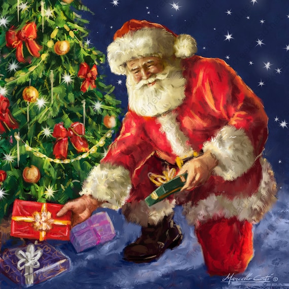 Santa Claus Leaving Presents Under Tree Stars At Night Wreath Sign 