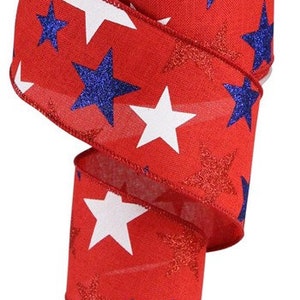 May include: Red ribbon with white and blue stars. The stars have a glitter finish.