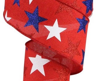 2.5" X 10Yd Wired Ribbon-Star On Royal-RG0192624-Red/White/Navy Blue-Supplies-Crafts-Seasonal