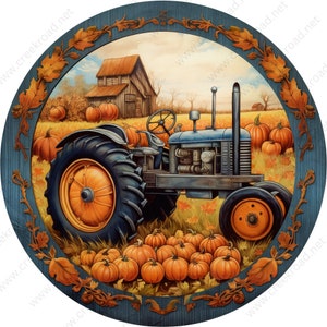 May include: A blue tractor with a large front tire is parked in a field of pumpkins. The tractor is surrounded by a variety of pumpkins, including orange, yellow, and white pumpkins. The tractor is in front of a barn with a red roof. The scene is set in a rural setting with fall foliage.