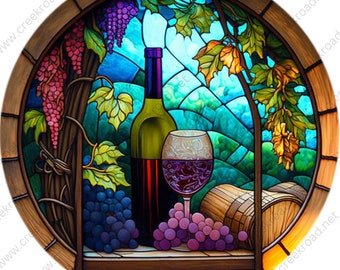 Wine in the Vineyards Bottle Wine Glass Grapes Faux Stained Glass Wreath Sign-Round-Sublimation-Everyday-Decor