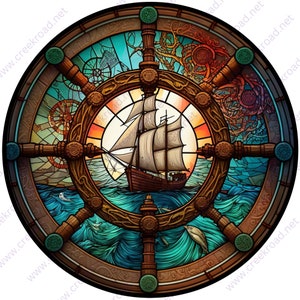May include: A circular stained glass window with a wooden frame and a ship sailing on a blue ocean. The window is divided into sections with different scenes, including a forest, a clock, and a compass. The ship is brown with white sails and is sailing towards the sunset.