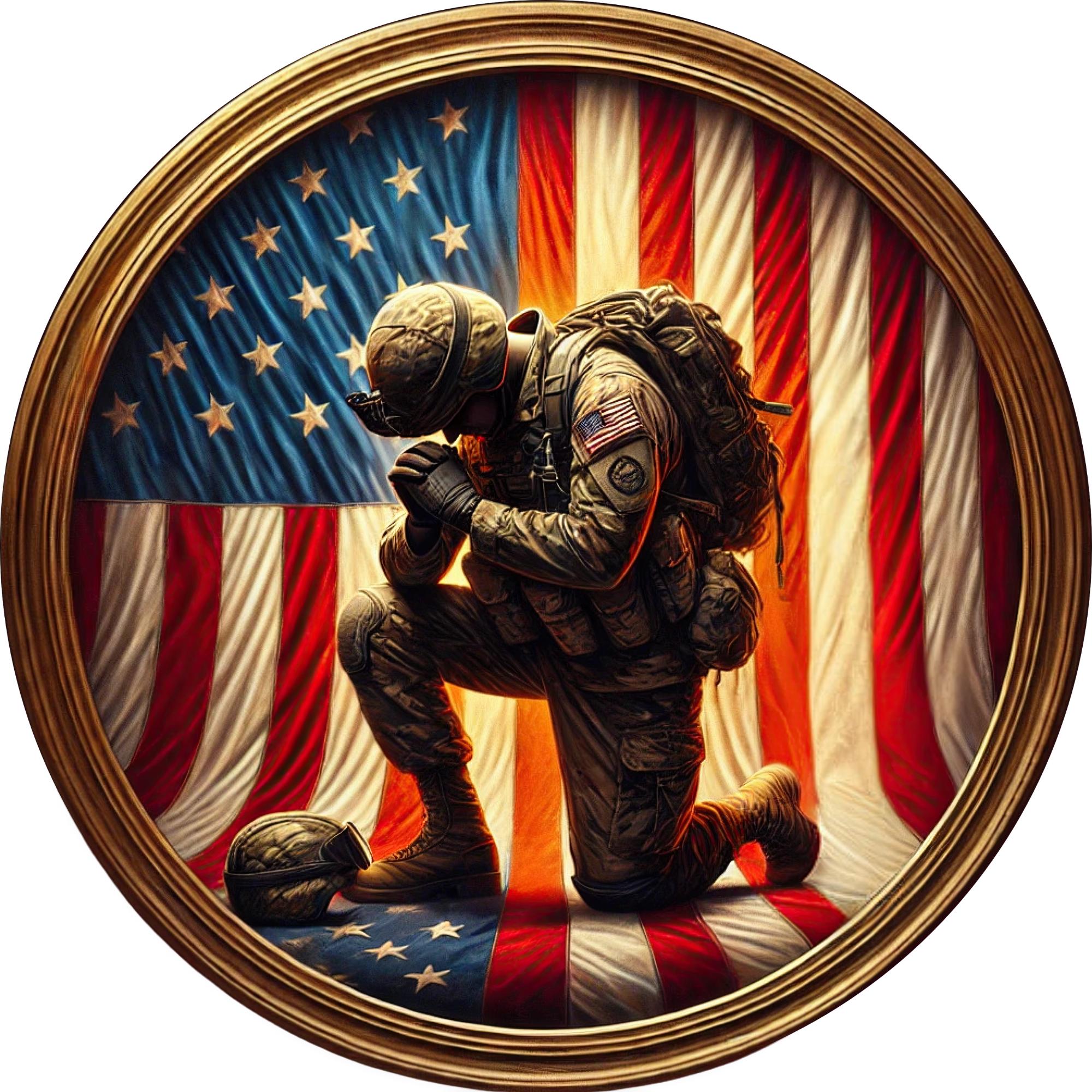 Patriotic Kneeling Soldier American Flag Background Sublimated Wreath ...