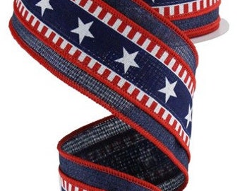 2.5" X 10Yd Wired Ribbon-Stars And Stripes Ryl/Cross-RG874427-White/Red/Blue-Supplies-Crafts-Patriotic-Seasonal