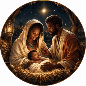 African American Nativity Wreath Sign-Sublimation-Round-Christmas-Winter-Decor