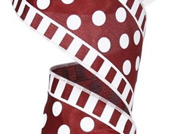 2.5" X 10Yd Wired Ribbon-Maroon White Dots And Stripes On Satin-RG01369CX-Wreaths-Crafts-Decor-Everyday