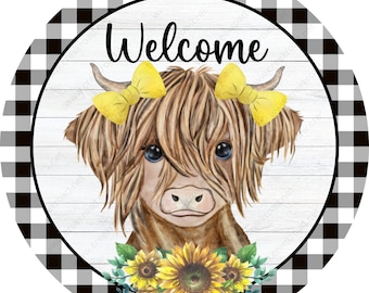 Welcome Highland Cow Sunflowers with Black White Gingham Border Spring Wreath Sign-Sublimation-Aluminum-Attachment