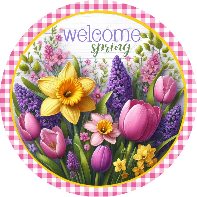 Welcome Spring Flowers Pink White Check Border Wreath Sign-round ...