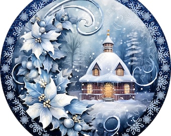 May include: A blue and white winter scene with a small house covered in snow and a wreath of holly and poinsettia. The scene is surrounded by a blue and white snowflake border.