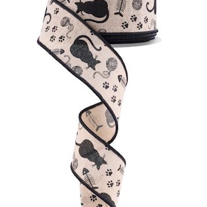 May include: A black and beige ribbon with a repeating pattern of black cats, fish bones, paw prints, and balls of yarn. The ribbon has a black edge.