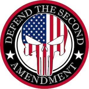 May include: A black and red circular sticker with the text "Defend the Second Amendment" around the edge. In the center is a white skull with the American flag behind it.