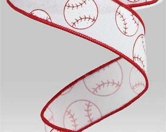 1.5" X 10Yd Wired Ribbon- Glitter Baseball On Royal Ribbon-RGA117027-White/Red-Wreaths-Crafts-Decor