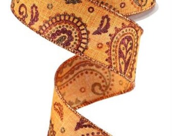 1.5" X 10Yd Wired Ribbon-Paisley On Royal Ribbon-RGC1375CF-Talisman/Brwn/Cppr/Burg-Wreaths-Crafts