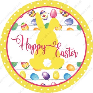Feliz Conejito de Pascua Amarillo con Cola de Algodón Coloridos Huevos de Pascua Borde Amarillo-Pascua-Sublimación-Corona Signo-Adjunto