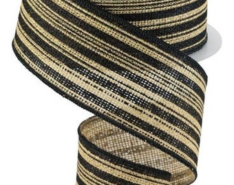 2.5" X 10Yd Wired Ribbon-Vertical Stripe/Faux Burlap Ribbon-RGC147618-Natural/Black-Wreaths-Crafts