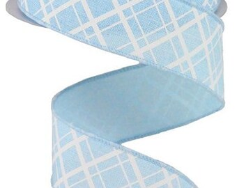 1.5" X 10Yd Wired Thick/Thin Diagonal Check Ribbon-RGA150514-Pale Blue/White-Wreaths-Crafts-Royal Burlap