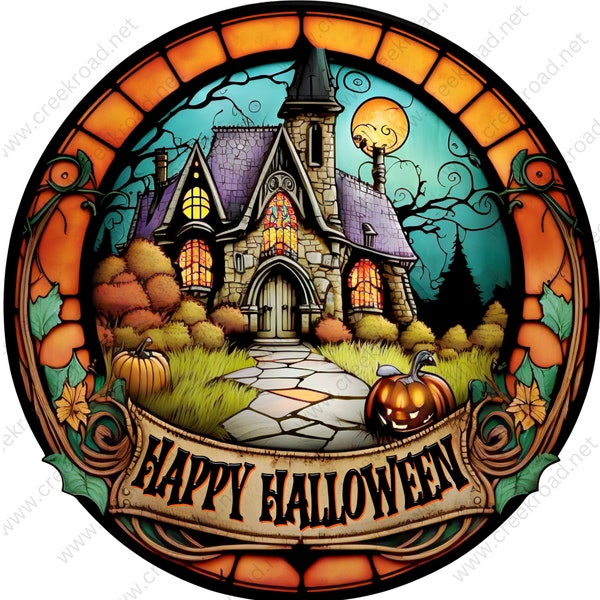 Happy Halloween Spooky Castle with Full Moon Jack-o-Lantern Wreath Sign-Sublimation-Round-Decor