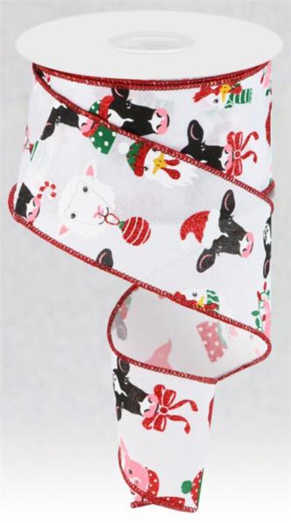 開店記念セール！ 10yd X 2.5 Wired Animals-white/red Farm Ribbon-christmas その他