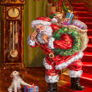 Puppy Greets Santa Claus at Stairs Wreath Sign-8&quot;x10&quot; Rectangle-Sublimation-Christmas-Decor