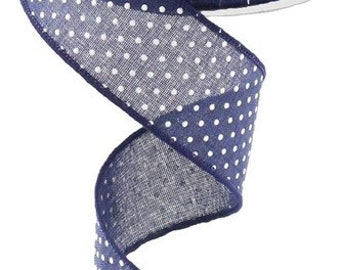 1.5" X 10Yd Wired Raised Swiss Dots On Royal Ribbon-RG0165119-Navy Blue/White-Wreaths-Crafts-Royal Burlap