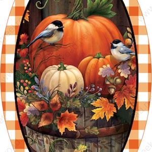 Pumpkins with Blue Birds in Wooden Wash Tub Wreath Sign-Oval 7"x12"-Fall-Sublimation-Attachment-Round-Decor
