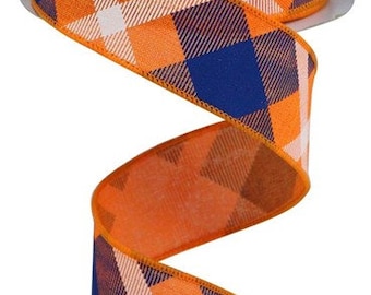 1.5" X 10Yd Wired Ribbon-Printed Plaid On Royal-RG01682MT-Orange/Royal Blue/White-Supplies-Crafts-Seasonal
