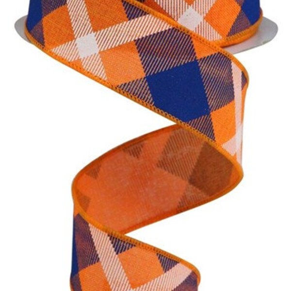 1.5" X 10Yd Wired Ribbon-Printed Plaid On Royal-RG01682MT-Orange/Royal Blue/White-Supplies-Crafts-Seasonal