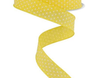 7/8" X 10Yd Wired Ribbon-Yellow/White Raised Swiss Dots On Royal-RG0765129-Wreaths-Crafts-Ribbon-Everyday