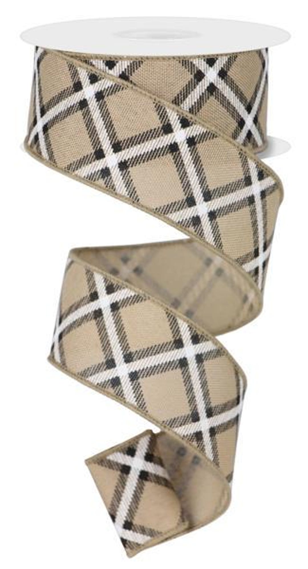 1.5 X 10yd Wired Ribbon-diagonal Dash Check-beige/black/white-rge156001 ...