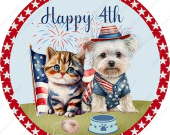 Happy 4th Patriotic Cat & Dog with Fireworks in Background Wreath Sign-Round-Sublimation-Aluminum-Attachment-Decor