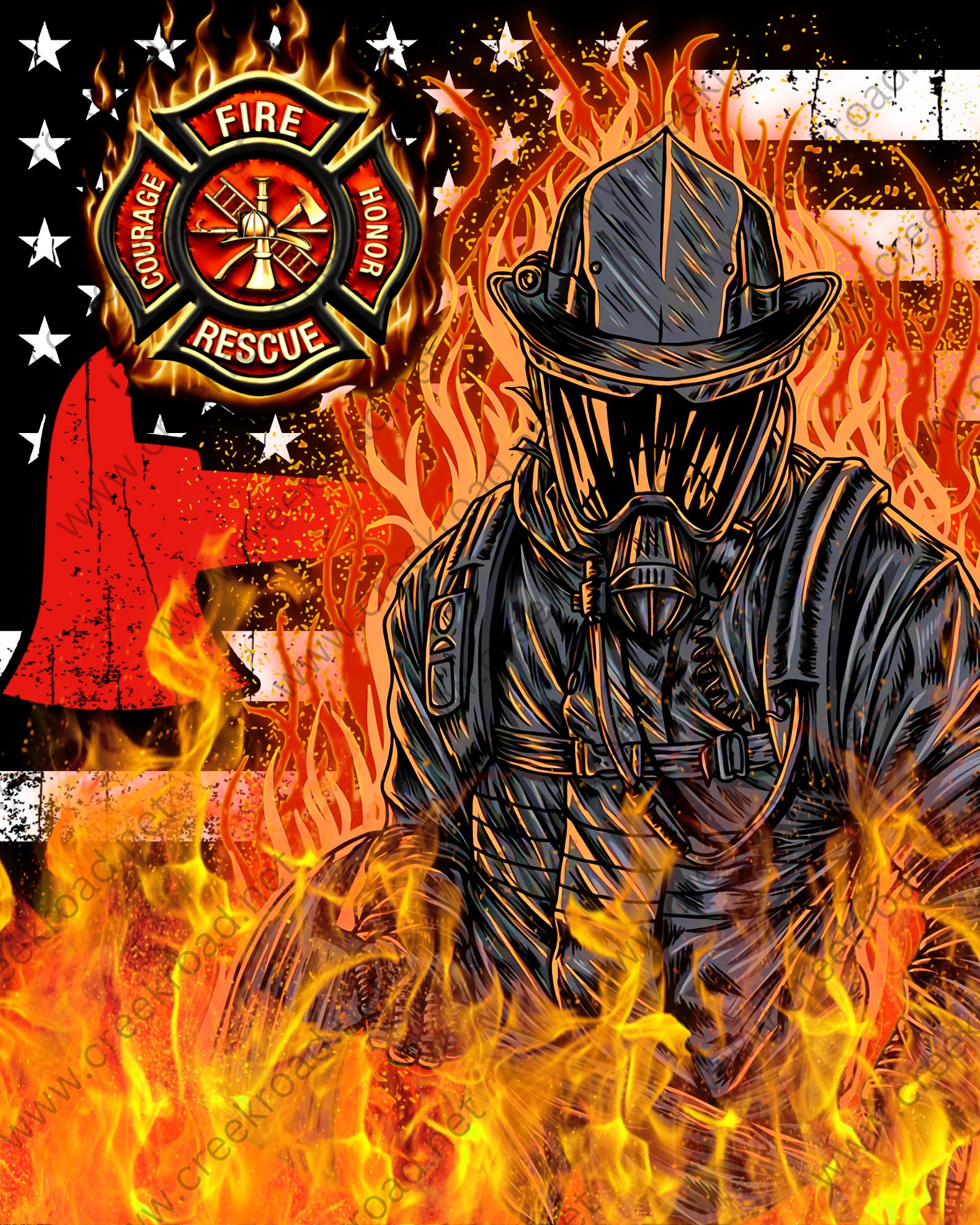 Masked Firefighter Fire Rescue With Burning American Flag Background ...