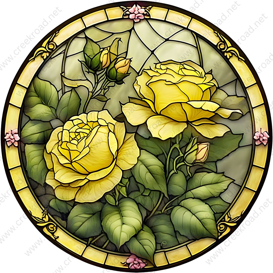 Yellow Roses of Texas With Pink Border Accents Faux Stained Glass