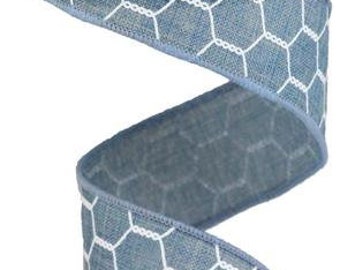 1.5" X 10Yd Wired-Chicken Wire On Royal-Faded Denim White-RGA1085YT-Ribbon-Everday