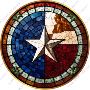 May include: A stained glass window design featuring the Texas state flag. The flag is depicted in a circular shape with a white five-pointed star in the center. The star is surrounded by a blue field, a white field, and a red field. The design is reminiscent of a traditional stained glass window.