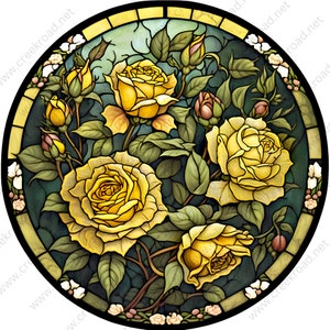 Rosas amarillas de Texas con acentos de borde blanco Vidrieras falsas Corona Signo Adjunto-Sublimación-Redondo-Decoración de primavera de verano