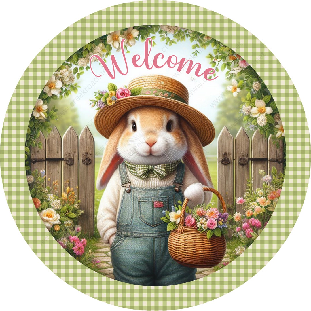 Welcome Gardening Spring Rabbit Basket Flowers Green Checkered Wreath ...