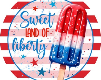 May include: A red, white, and blue popsicle with stars on it. The popsicle is dripping and has a wooden stick. The background is a red and white striped circle with pink and white stars.