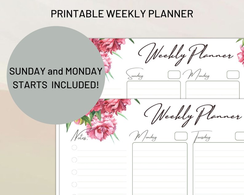 Printable Weekly Planner Sunday &amp; Monday Starts Horizontal - Etsy