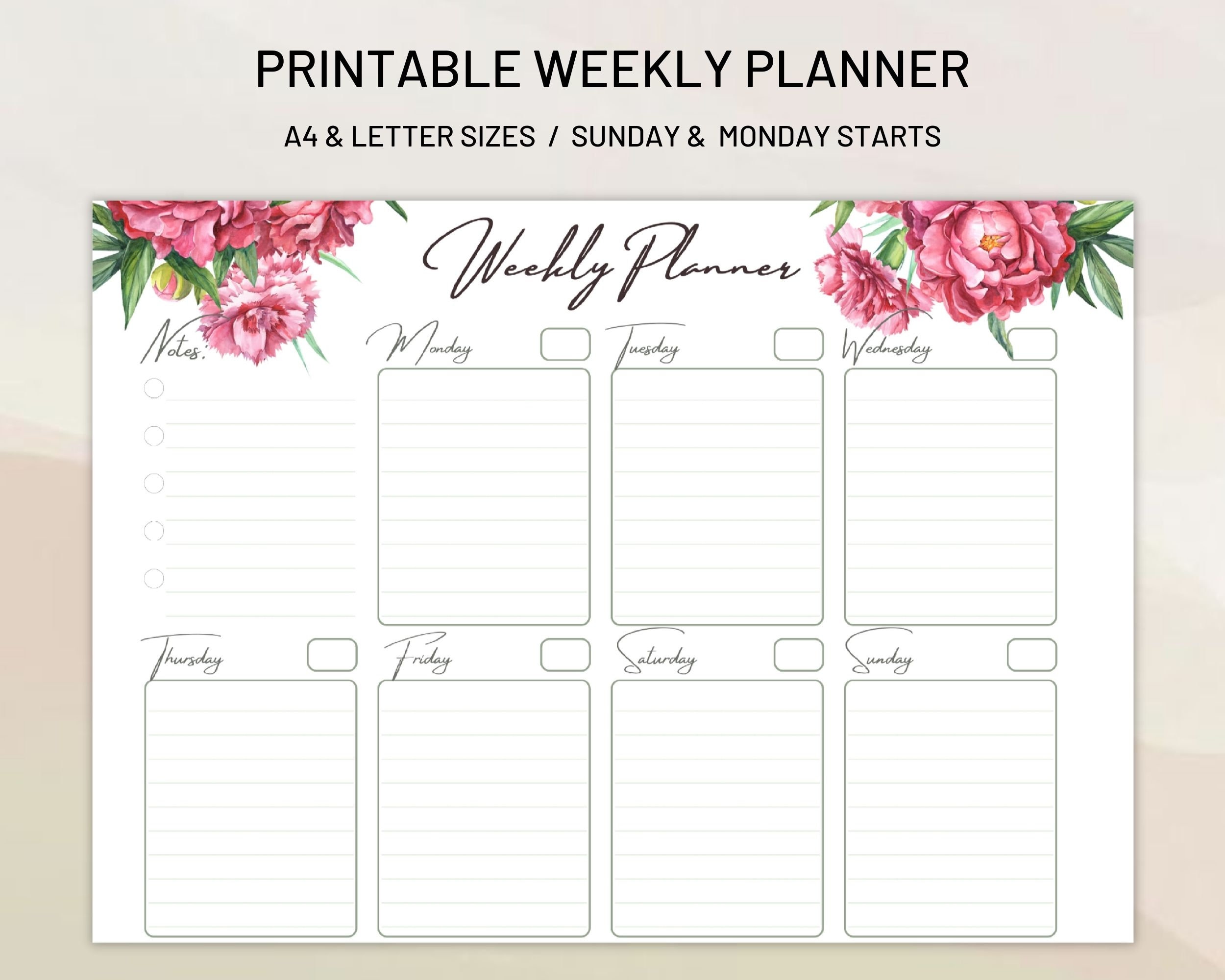 Printable Weekly Planner Sunday & Monday Starts Horizontal - Etsy
