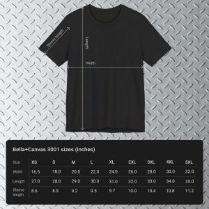 May include: A size chart for Bella+Canvas 3001 t-shirts, showing measurements in inches for sizes XS to 5XL. The chart includes width, length, and sleeve length.