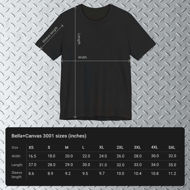 May include: A size chart for Bella+Canvas 3001 t-shirts, showing measurements in inches for sizes XS to 5XL. The chart includes width, length, and sleeve length.