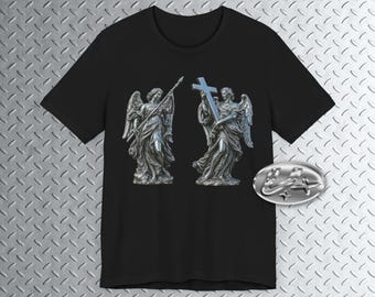 Dos ángeles, camiseta de arte cristiano, camiseta con gráfico metálico, camiseta de arte Y2K, gótica, camiseta de arte metálico cromado, medieval