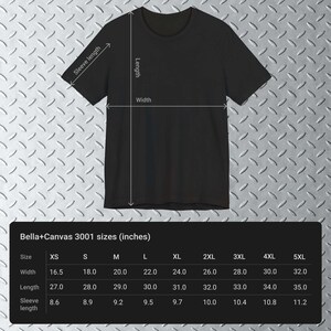 May include: A size chart for Bella+Canvas 3001 t-shirts, showing measurements in inches for sizes XS to 5XL. The chart includes width, length, and sleeve length.