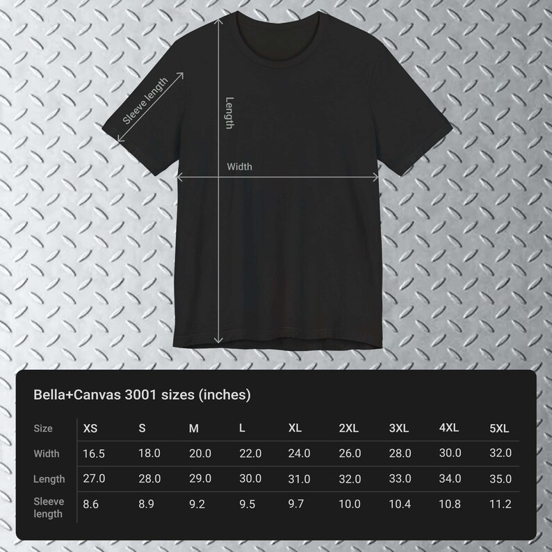 May include: A size chart for Bella+Canvas 3001 t-shirts, showing measurements in inches for sizes XS to 5XL. The chart includes width, length, and sleeve length.